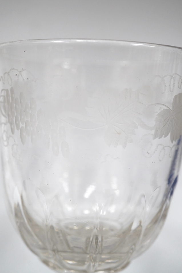 A diamond point engraved commemorative goblet, with the design of the Royal coat of arms, Prince of Wales feathers, horses, riders and a poem, inscribed ‘D.Coghill 1881’ together with a wheel engraved graved rummer, insc